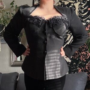 Vintage Made in France Black Women's Blazer with Lace Detail